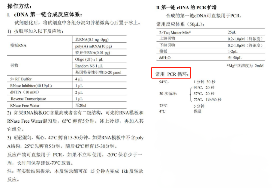 逆转录酶操作方法与常用PCR循环