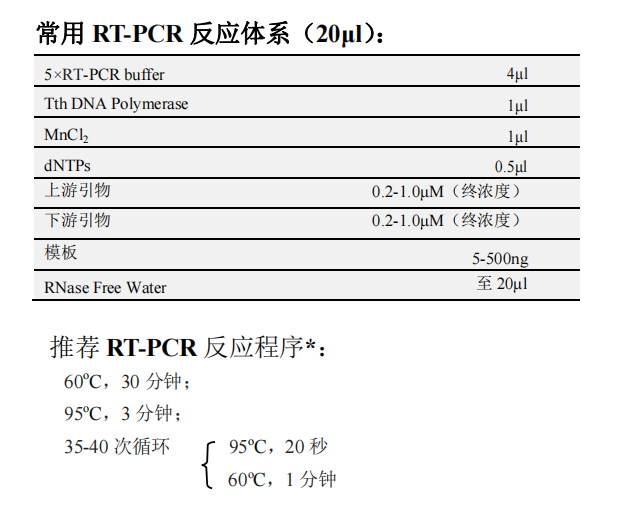 Tth DNA聚合酶(with dNTP) 常用RT-PCR反应体系（20μL）以及推荐RT-PCR反应程序*