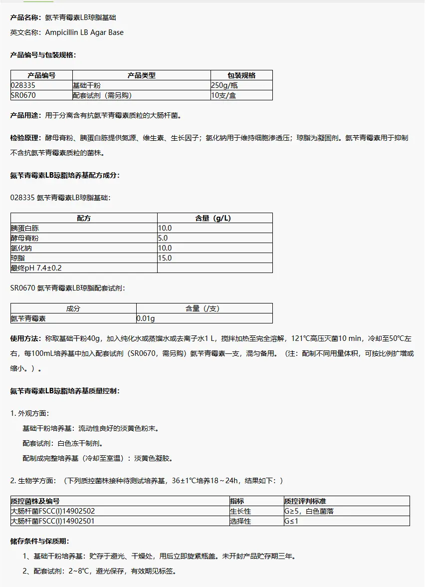 028335 氨苄青霉素LB琼脂基础 250g/瓶