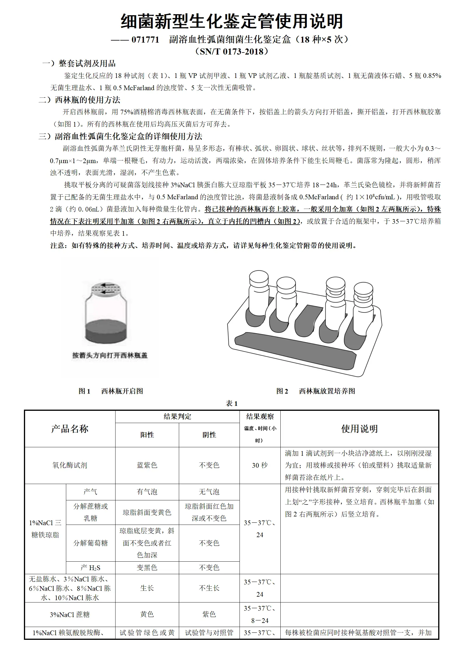 副溶血性弧菌细菌生化鉴定盒(SN标准)(18种×5次) 产品使用说明书